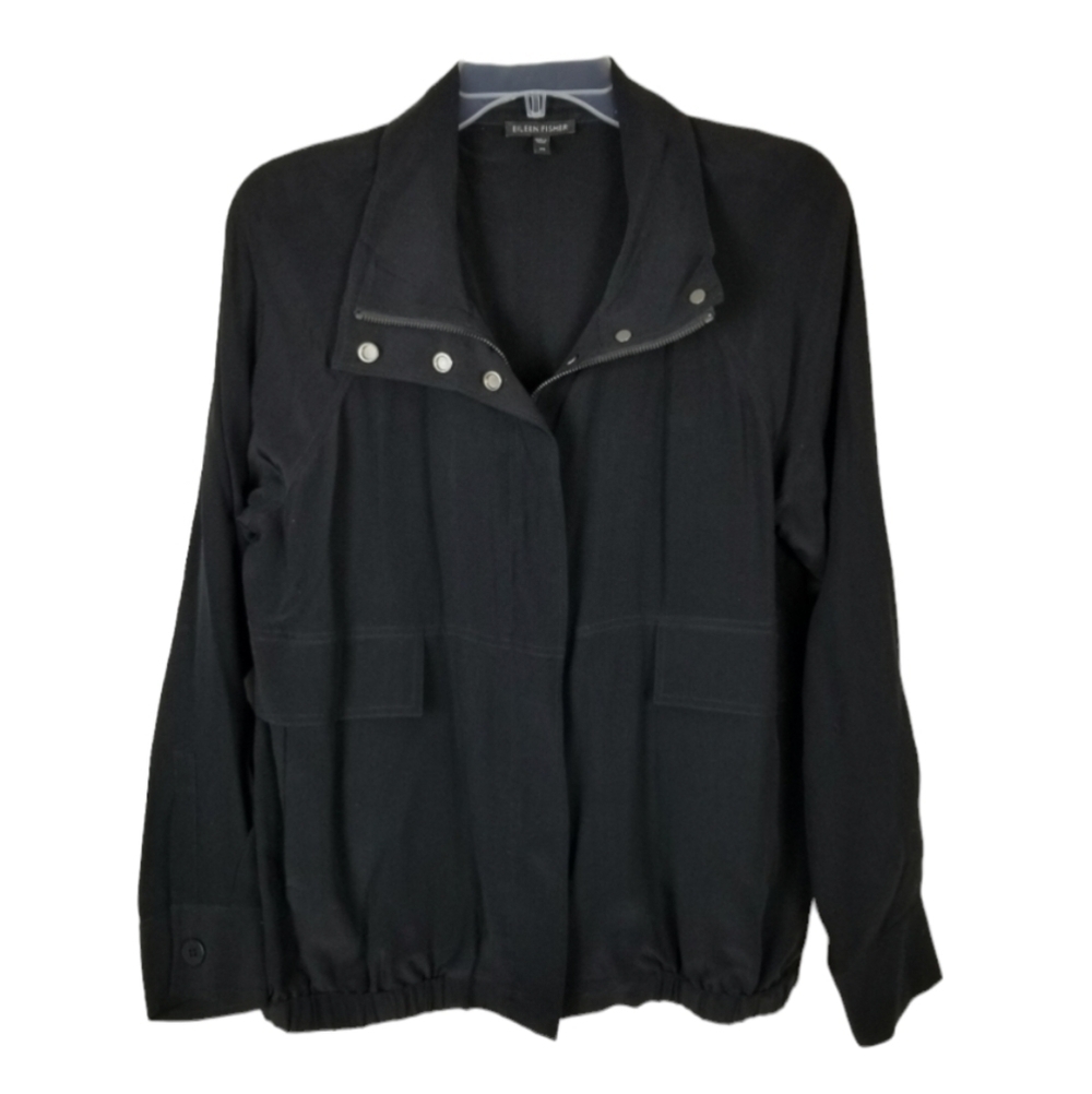 Eileen Fisher 100% Silk Full Zip Lightweight Jacket Size XS Black Snap Crepe
